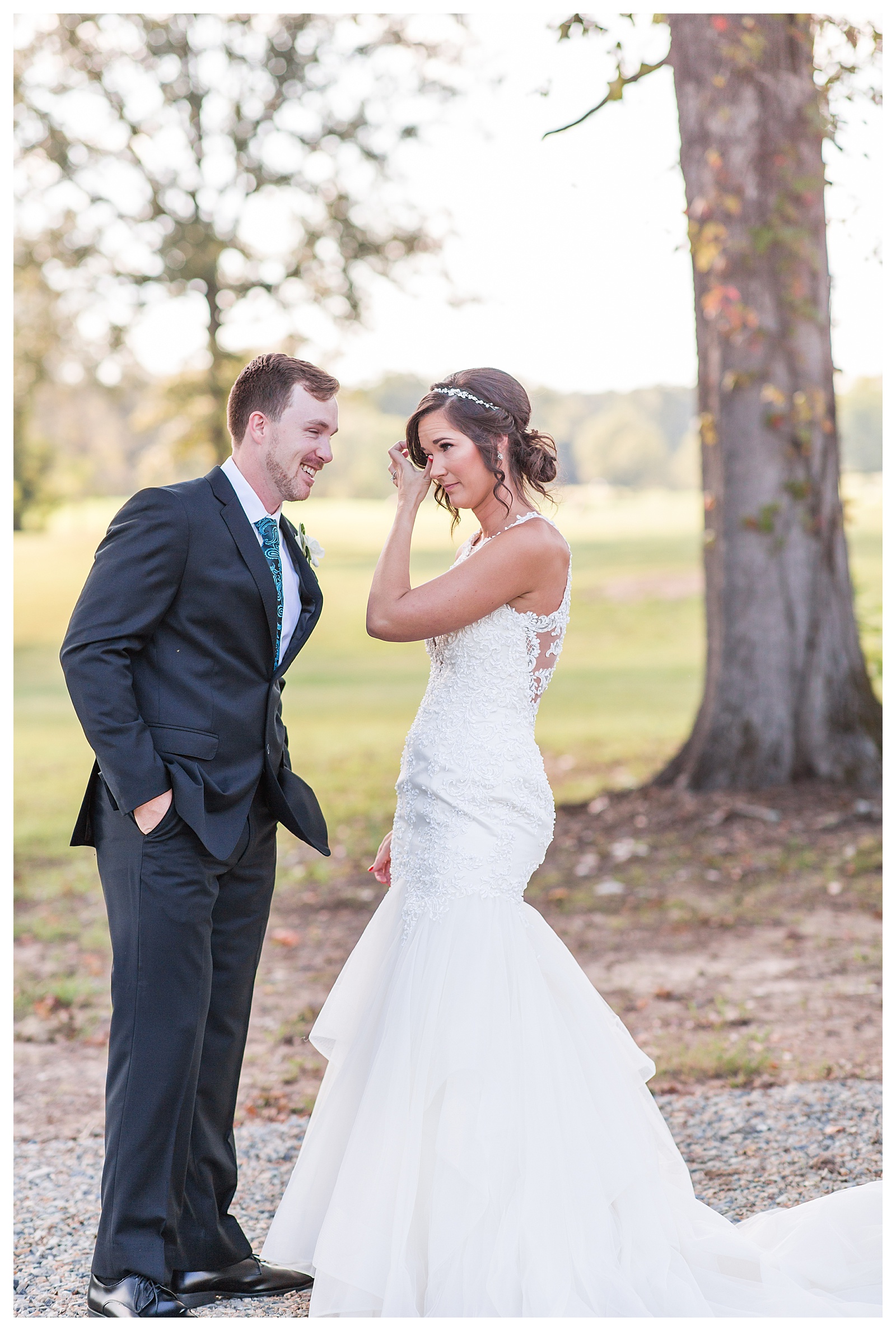 bride and groom first look crying white dress and black suit