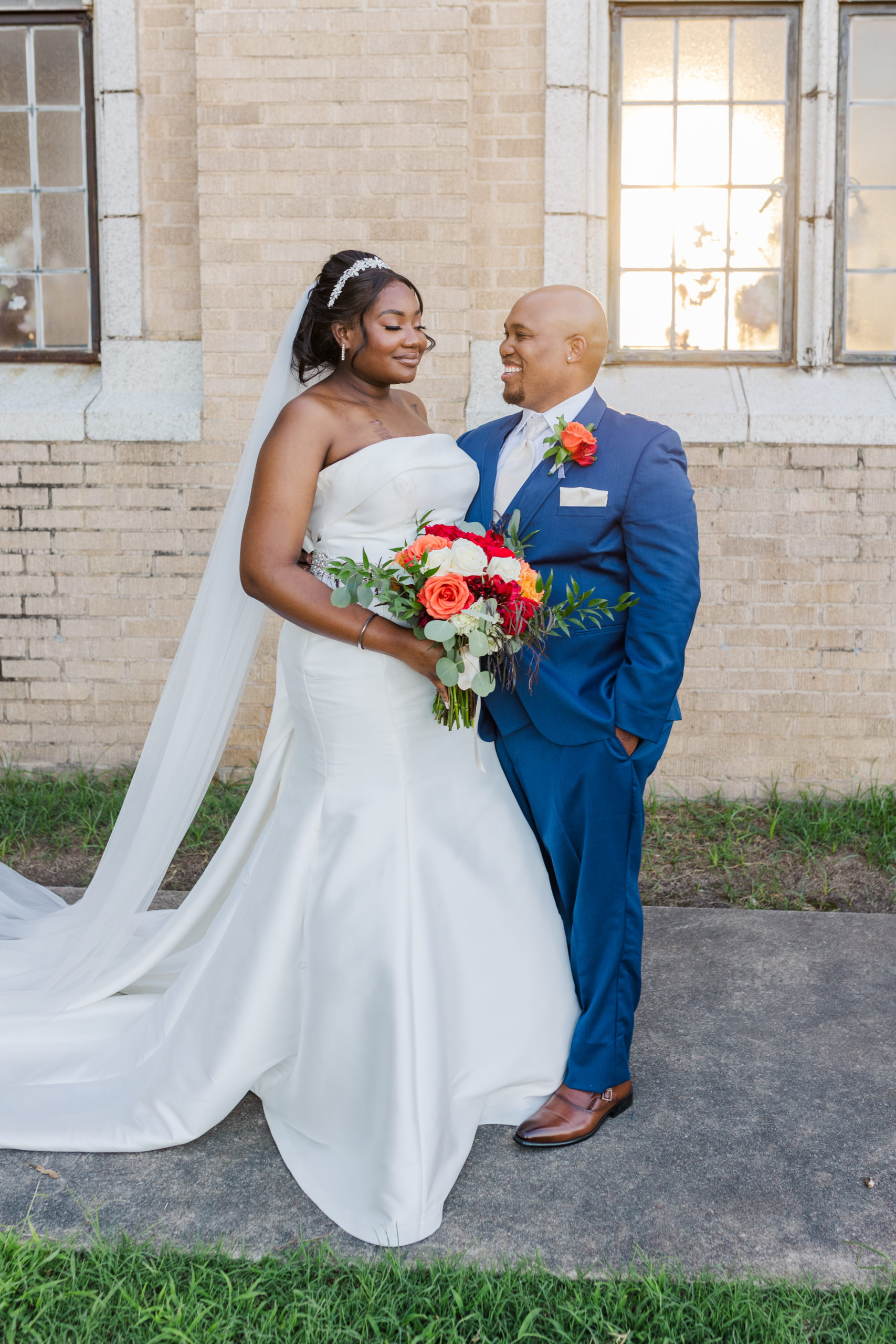 african american bride and groom staring at each other during their downtown little rock wedding in arkansas